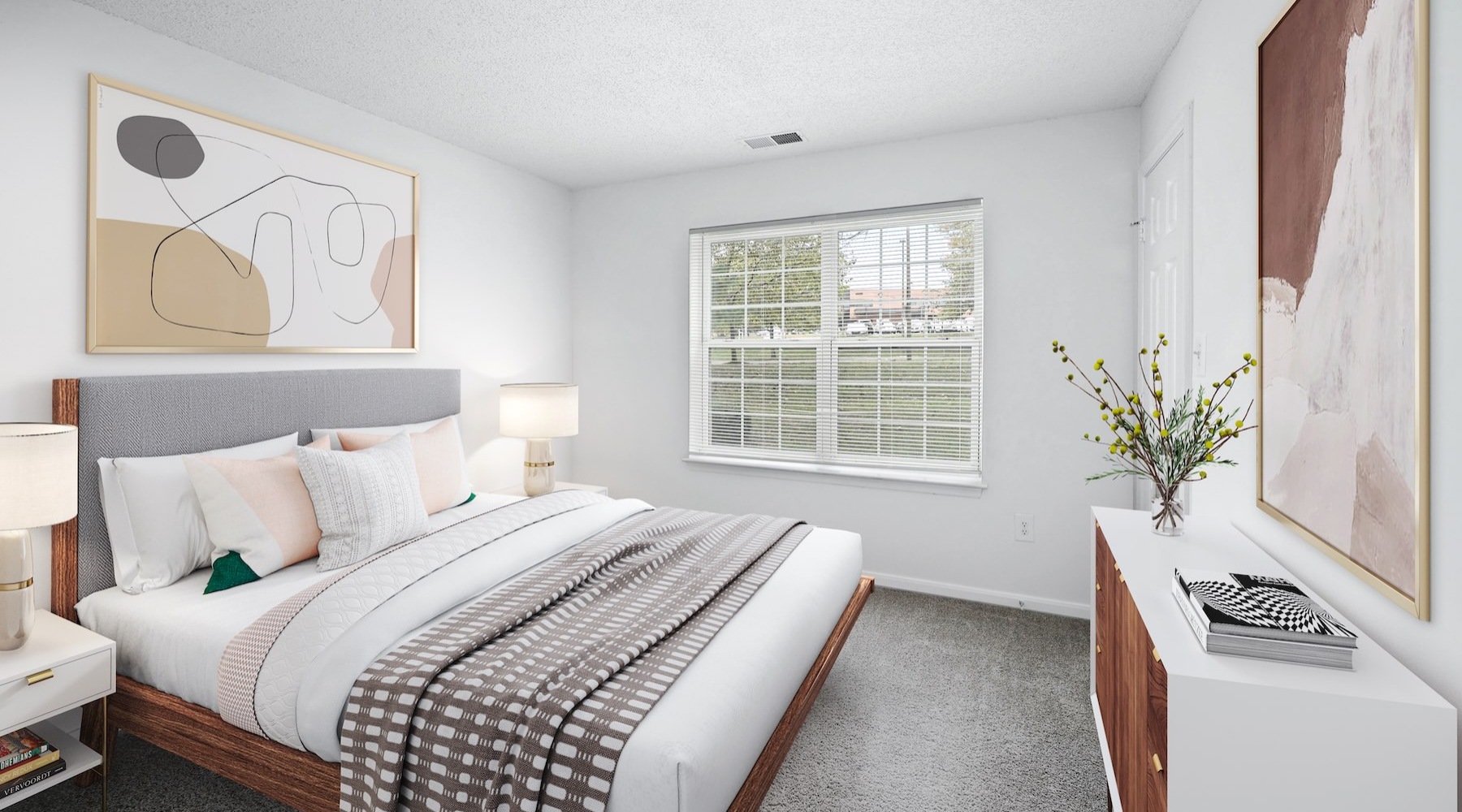 a bedroom with a bed and a desk
