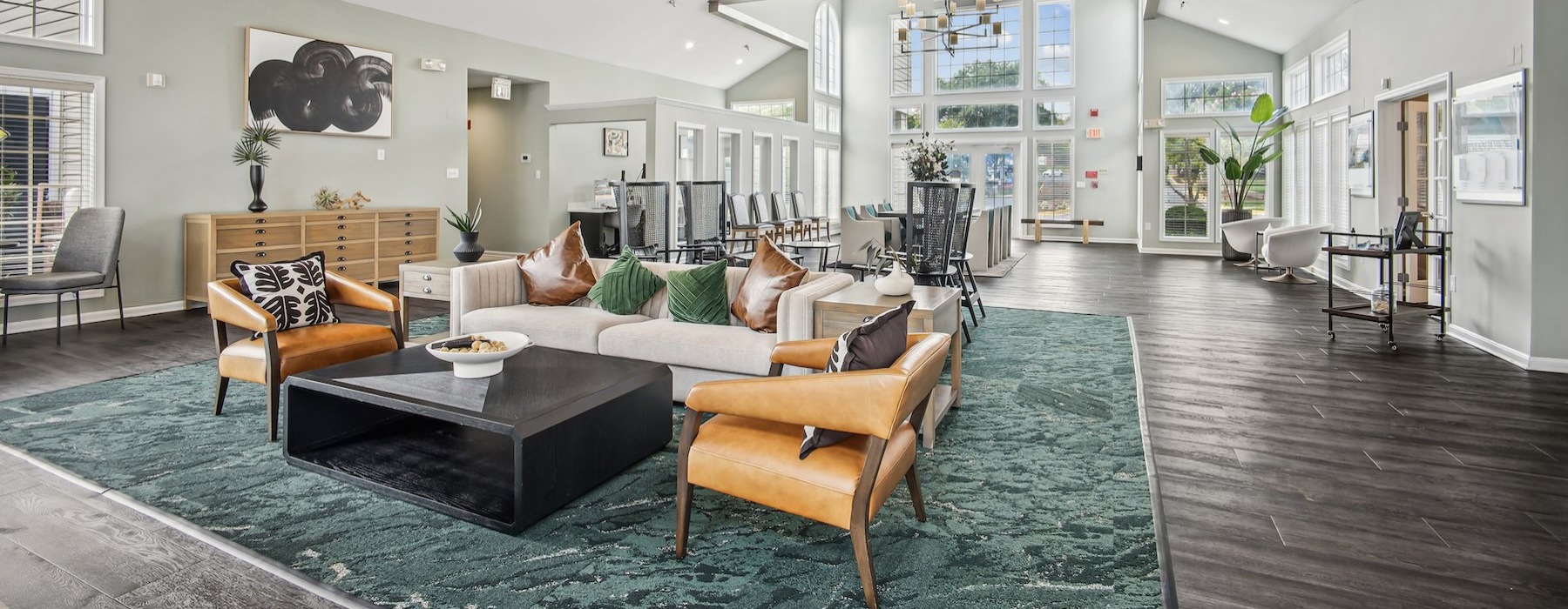 a living room with a large ceiling