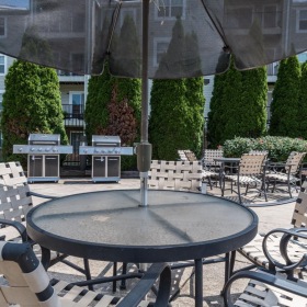 a table and chairs outside
